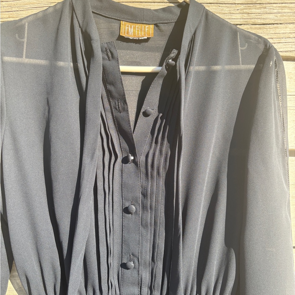 Vintage EM ELLE Black Pleated Midi Dress Sz Sm-M - Picture 3 of 14